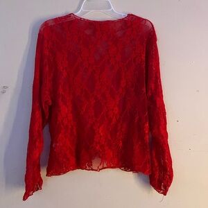 SHEIN Red Lace Long Sleeve Sheer Blouse